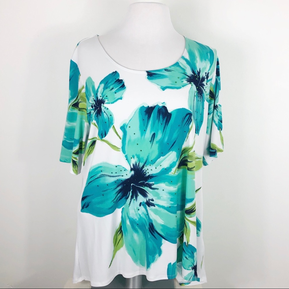 Susan Graver Shirt Liquid Knit Floral Bling Top L